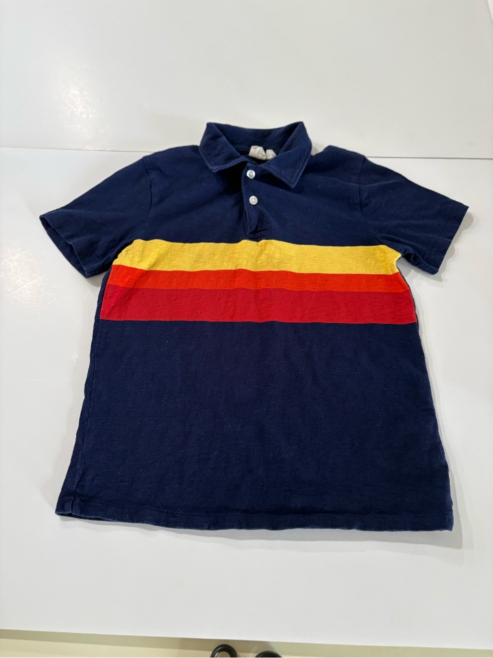 Gap Kids navy polo with red, orange & yellow stripe on the front size medium (8)